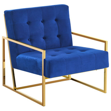 Beethoven Blue Velvet With Gold Plated Accent Chair, Blue/Gold