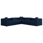 Meridian Furniture - Cube Upholstered Modular Sectional, Navy, 5-Piece: 2 Armless Chair, 3 Corner Chair, Linen Texured Fabric - Treat yourself to some long overdue "me time" when you're seated on this Cube 5-Piece Modular Sectional. This beautiful modular unit is both eye-catching and elegant, features durable linen textured upholstery in a soft navy color that meshes well with nearly any existing color scheme. Pair this modular Sectional with other items in the same collection to create an unlimited number of combinations and enjoy the custom seating arrangement of your dreams. Latches underneath make it easy to attach pieces to one another.