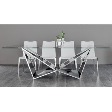 Modern Serra 94 Inch Dining Table Clear Glass Polished Stainless Steel Base