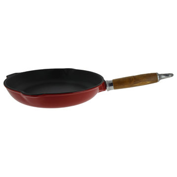 Chasseur 11" French Enameled Cast Iron Fry Pan With Wooden Handle, Red