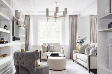 Classic living room in Berkshire with white walls, dark hardwood flooring, a wall mounted tv and black floors.
