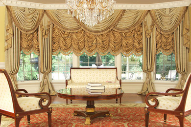 Living room - large traditional formal and open concept medium tone wood floor and brown floor living room idea in Chicago with yellow walls, no fireplace and no tv