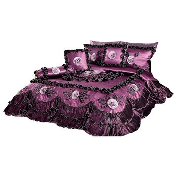Tache 6 Pieces Midnight Bloom Purple Satin Sateen Comforter Quilt Set, Queen