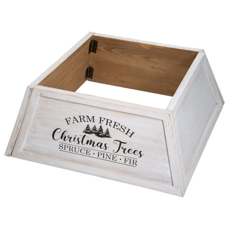 Washed White Wooden Trapezoid Farm Fresh Christmas Trees Tree Collar, 26"L