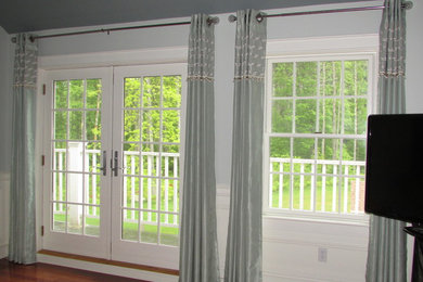 Blackout grommet panels with color block inset and ball fringe
