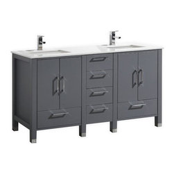 60" Matte Grey Vanity with White Quartz Counter Top - Bathroom Vanities And Sink Consoles