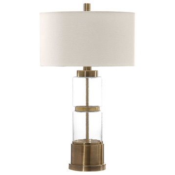 Mid Century Hammered Glass Cylinder Table Lamp, Brass Bronze White Round Clear