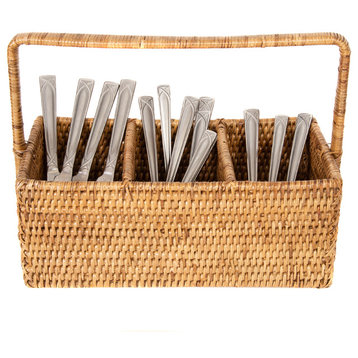 Artifacts Rattan™ 3 Section Caddy/Cutlery Holder with Handle, Honey Brown