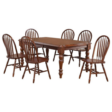 Andrews 7PC Rectangle Extending Dining Set w Windsor Chairs Chestnut Brown Wood