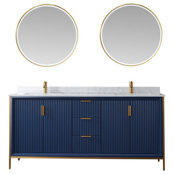 Granada Vanity With White Composite Stone Top, Royal Blue, 72", With Mirror