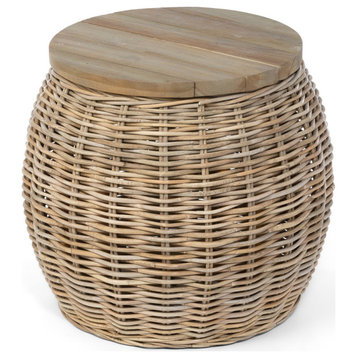Round Rattan Side Table With Removable Teak Top