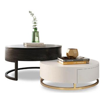 Round Wood Coffee Table With Lift-Top and Rotatable Drawer, White/Black
