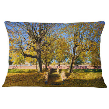 Stone Stairs in Park in Fall Landscape Printed Throw Pillow, 12"x20"