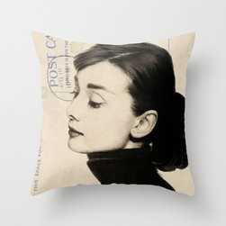 Audrey Hepburn Sketch on Vintage Postcard Throw Pillow - Decorative Pillows