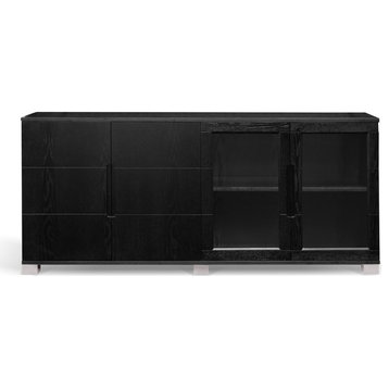 72.5” Modern Hayes Black Oak Wood Cabinet 2 Glass Doors 2 Wood Doors