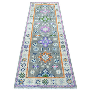 Gray Fusion Kazak Tribal Design Pure Wool Hand Knotted Runner Rug, 2'7" x 7'10"