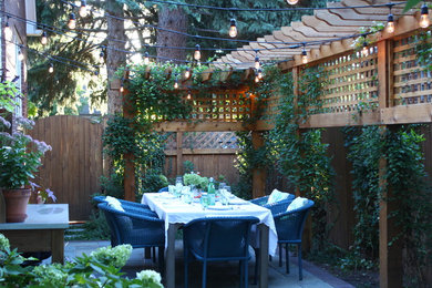 This is an example of a farmhouse backyard stone landscaping in Denver.