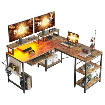 L-Shaped Desk, Metal Frame With Adjustable Shelves & Monitor Stand, Rustic