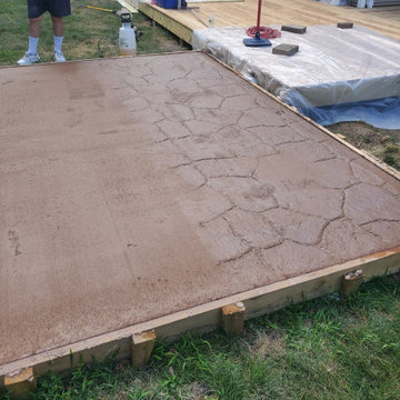 Stamped concrete, cedar deck
