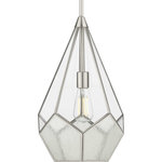 Progress Lighting - Cinq Collection Brushed Nickel 1-Light Pendant - Inspired by modern geometric designs and contrasting elements this bohemian-style pendant is an attention-grabber for all the right reasons. Geometric shapes form from the brushed nickel frame. Glass panels create a shade that holds an industrial light base inside.andnbsp