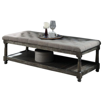 Benzara BM208034 Upholstered Bench with Button Tufted Seat & Bottom shelf, Gray