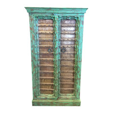 Mogul Interior - Consigned Antique Armoire Brass Patina Green Storage Cabinet Moroccan Furniture - Accent Chests And Cabinets