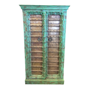 Mogul Interior - Consigned Antique Armoire Brass Patina Green Storage Cabinet Moroccan Furniture - Accent Chests And Cabinets