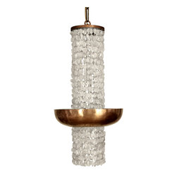 Brass or Copper Bowl Chandelier with Raw Rock Crystal Chains - Chandeliers