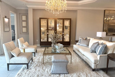 Design ideas for a large classic formal open plan living room in Detroit with marble flooring and a drop ceiling.