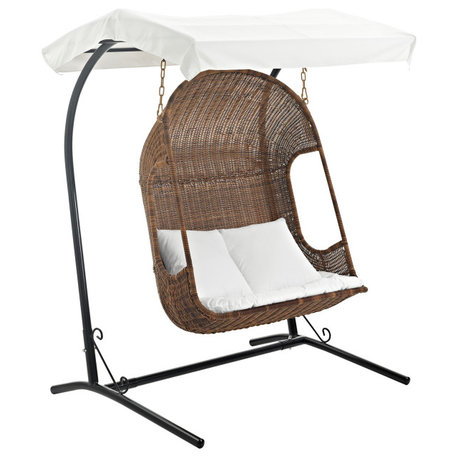 Vantage Outdoor Wicker Rattan Swing Chair With Stand, Brown White