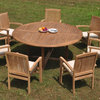 8-Piece Outdoor Teak Dining Set: 72" Round Table, 7 Wave Stacking Arm Chairs