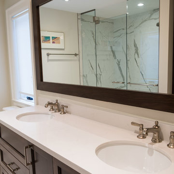 Dark Wood Framed Bathroom Mirror, Built in Vanity, Jack and Jill Sinks