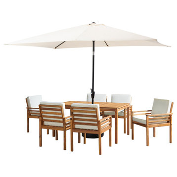 8 Piece Set, Okemo Table, 6 Chairs, 10' Rectangular Umbrella Beige