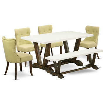 East West Furniture V-Style 6-piece Wood Dining Set in Jacobean Brown/Limelight