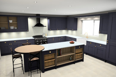 Traditonal indigo kitchen with raised eating area