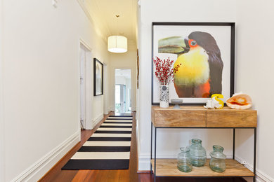 This is an example of a contemporary hallway in Other with white walls, medium hardwood floors and brown floor.