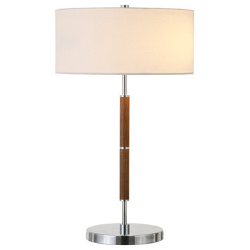 25" Silver and Oak Two Light Table Lamp With White Drum Shade