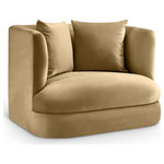 Meridian Furniture - Alder Upholstered Chair, Camel, Velvet, Accent Chair - The Alder camel velvet upholstered accent chair is an invitation to relax. Its rounded silhouette and soft velvet upholstery create a cozy and inviting space, perfect for curling up with a good book or simply unwinding after a long day. Whether you're entertaining guests or enjoying a quiet moment alone, this accent chair adds warmth and sophistication to any space.
