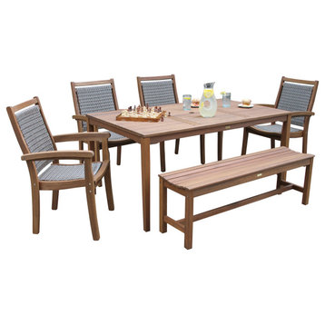 6-Piece Eucalyptus Checkerboard Dining Set With Wicker Stacking Chairs