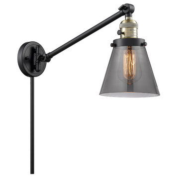 Small Cone 1-Light LED Swing Arm Light, Black Antique Brass, Glass: Smoked