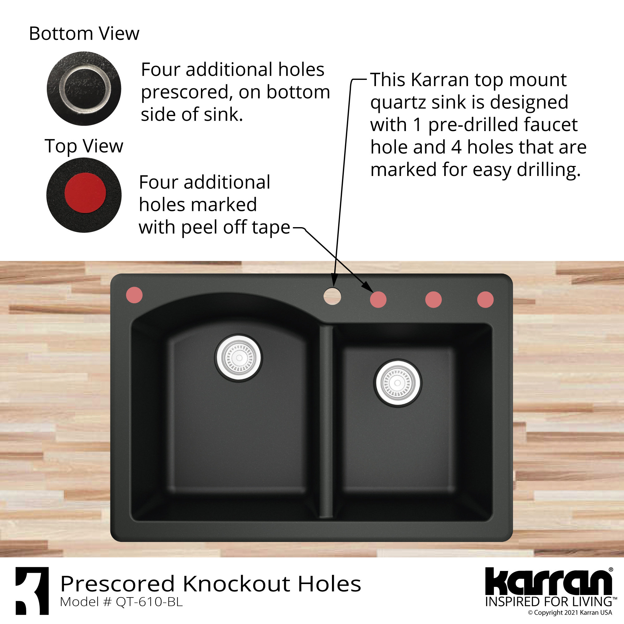 Karran Drop-In Quartz 33" 1-Hole 60/40 Double Bowl Kitchen Sink, Bisque