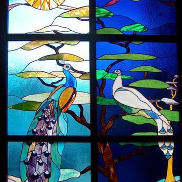 Fantasy peacocks front door stained glass