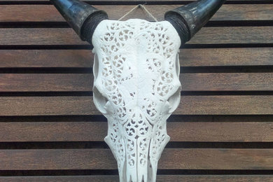 Hand Carved Cow Skull Head with Hanuman / Wall Art Home Decor