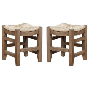 Home Square 18" Wood Stool with Rush Seat in Brown - Set of 2