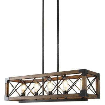 LNC 5-Light Distressed Wood and Matte Black Large Linear Farmhouse Chandeliers