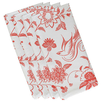 Traditional Bird Floral, Floral Print Napkin, Coral, Set of 4