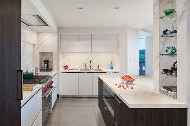Example of a trendy gray floor kitchen design in DC Metro with an undermount sink, stainless steel appliances and white countertops