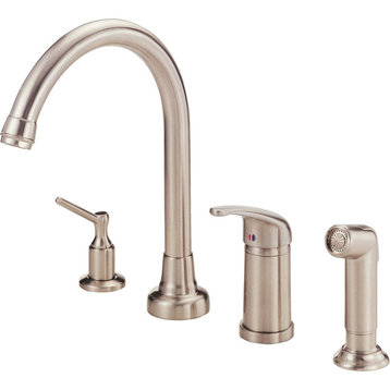 One Handle Arched Kitchen Faucet, Side Spray & Soap Dispenser, Stainless Steel