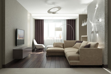 Свежая идея для дизайна: маленькая гостиная комната в современном стиле с бежевыми стенами и телевизором на стене для на участке и в саду - отличное фото интерьера
