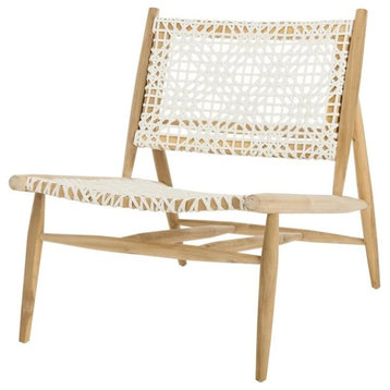 Contemporary Accent Chair, Teak Frame & Woven Leather Seat, White/Natural
